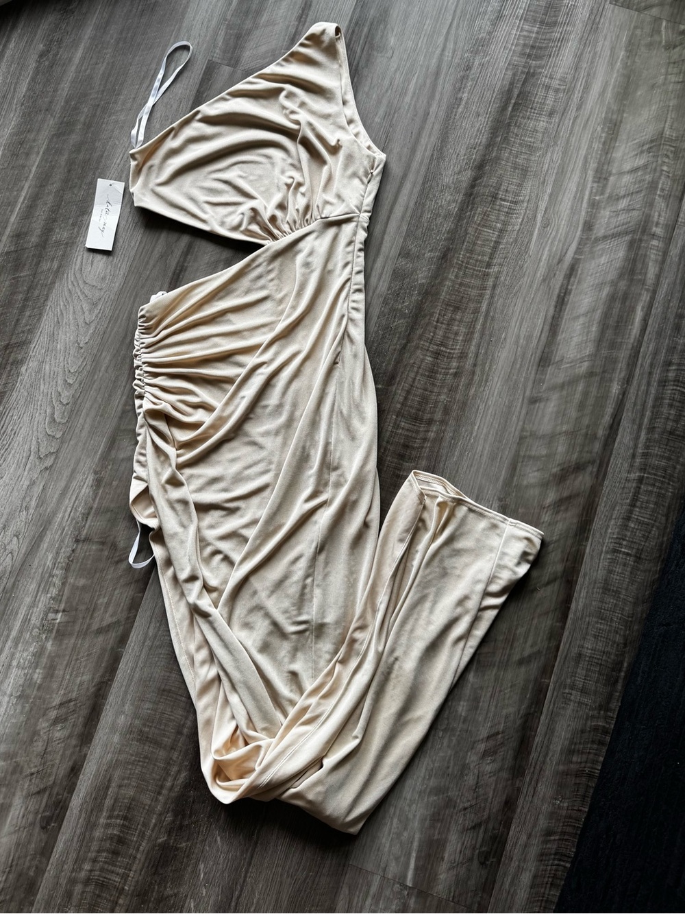 Katie May Champagne Draped Maxi Dress